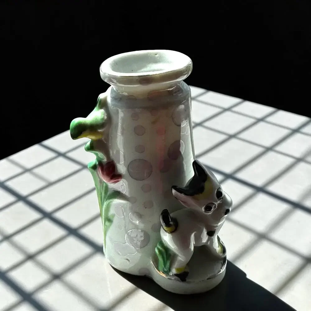Vintage Made in Japan Ceramic Fawn Deer Bud Vase Figural Tulips Tree Trunk 1950s
